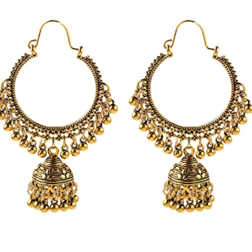 Gold NWT Indian jhumki jhumka hoop dangling earrings bell Bollywood statement